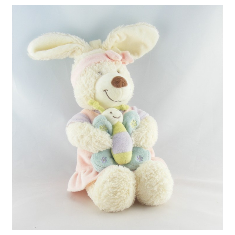Doudou musical lapin blanc robe rose papillon TEX BABY