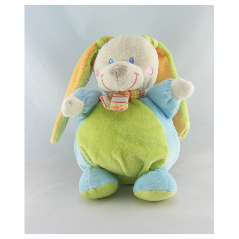 Doudou lapin vert bleu écharpe rayé MOTS D'ENFANTS