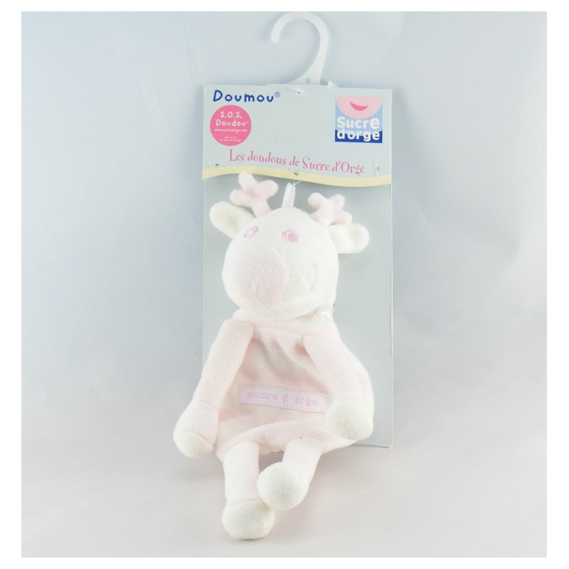 Doudou plat cerf renne blanc rayé rose SUCRE D'ORGE