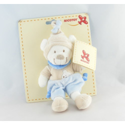 Doudou ours blanc tenue bleu beige bonnet beige NICOTOY