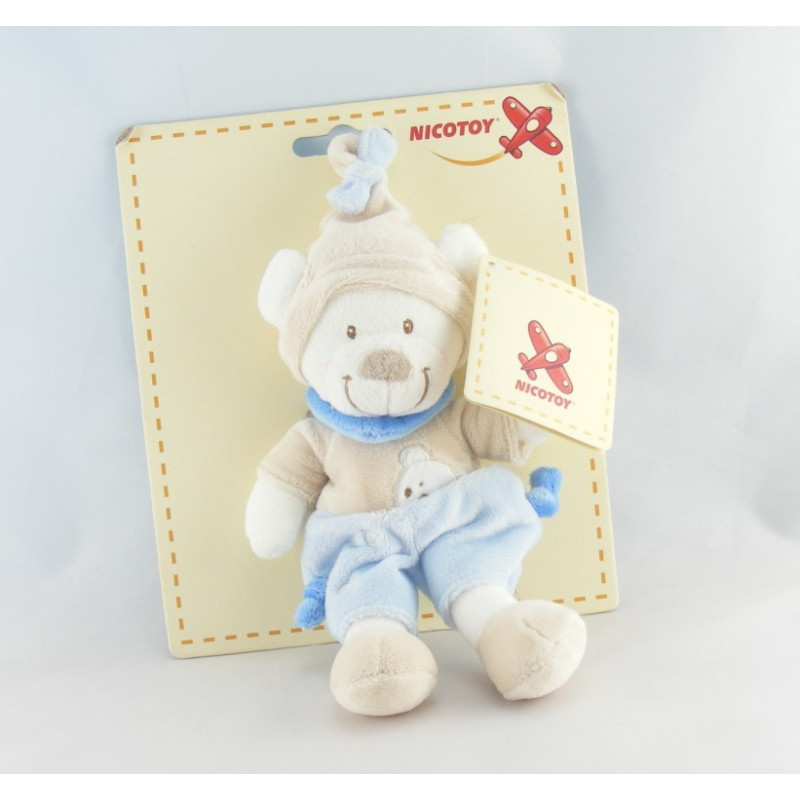 Doudou ours blanc tenue bleu beige bonnet beige NICOTOY