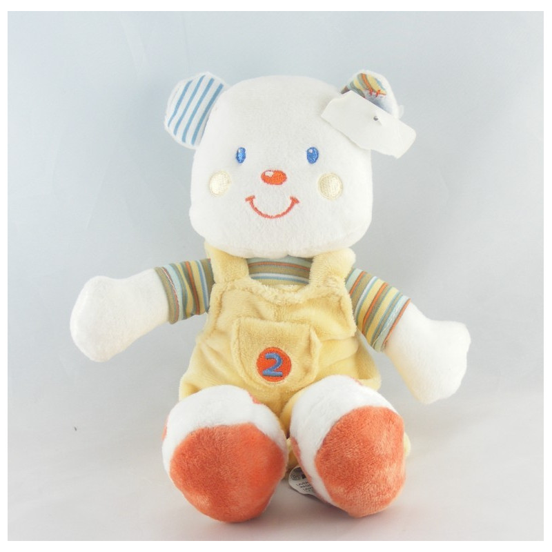 Doudou plat ours blanc jaune orange 2 train brodé KIABI