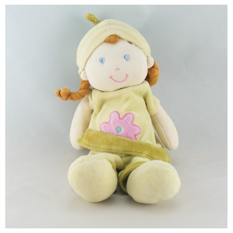 Doudou fille fillette tenue verte bleue bonnet rayé MOTS D'ENFANTS