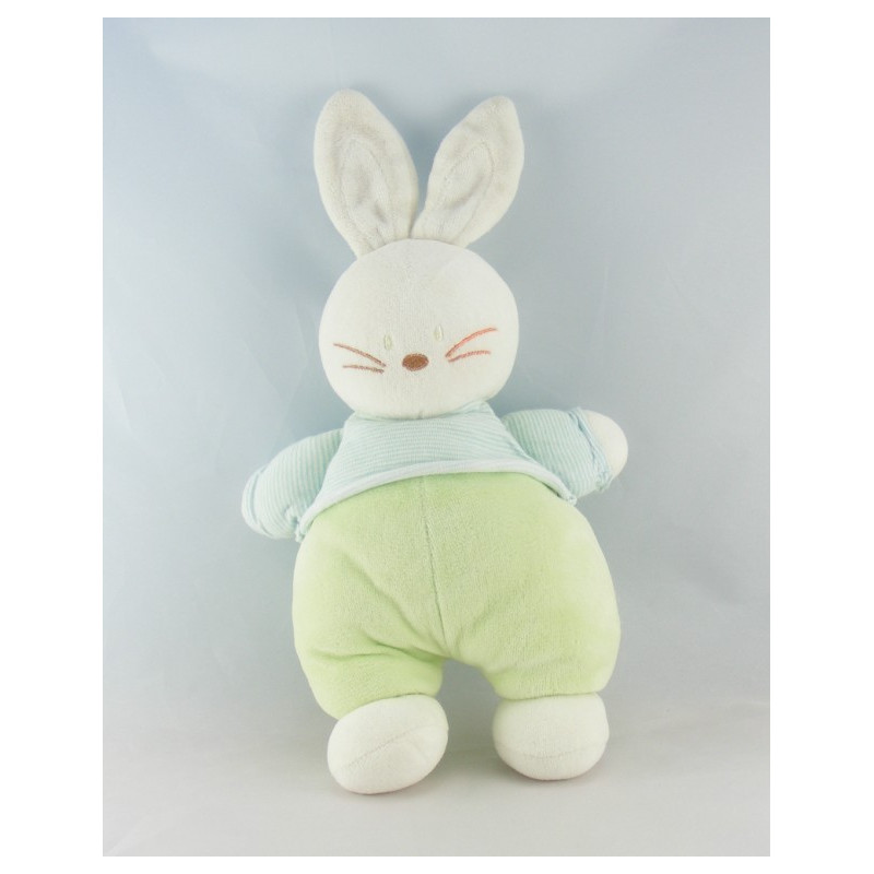 Doudou plat lapin vert rayé bleu BENGY