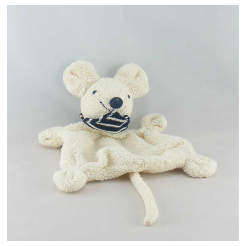 Doudou plat souris blanche foulard bleu marine BABYSUN