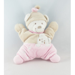 Doudou ours blanc rose beige bonnet beige empreintes NICOTOY 