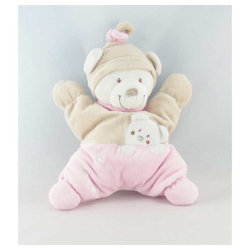 Doudou ours blanc rose beige bonnet beige empreintes NICOTOY 