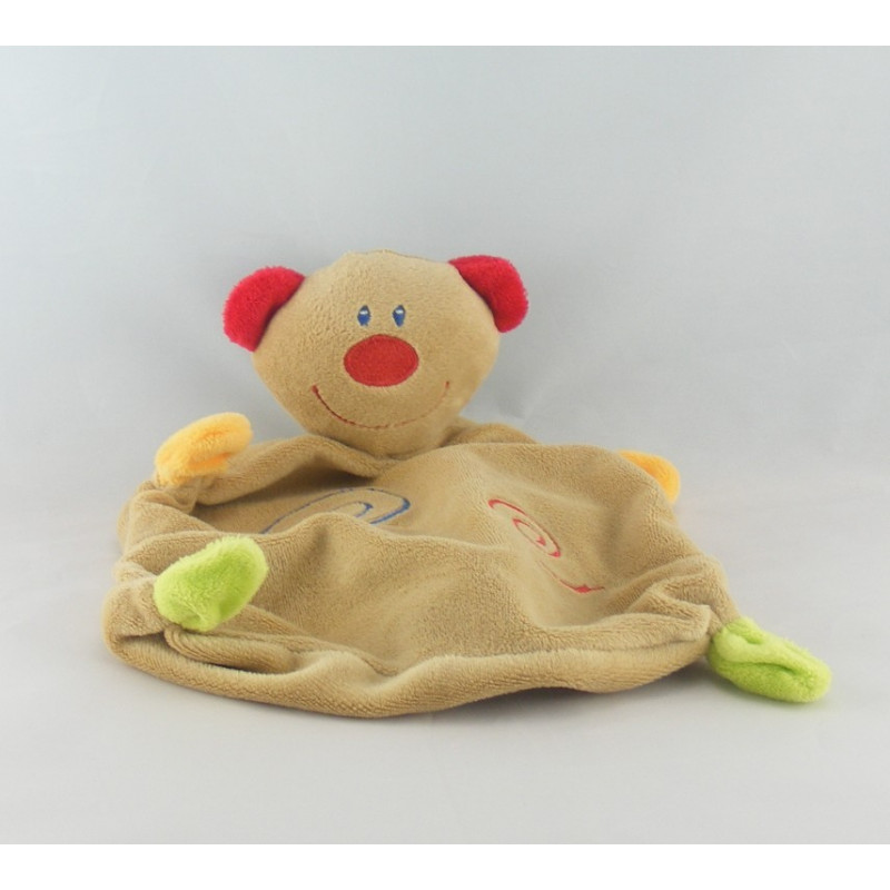 Doudou plat ours beige blanc rouge BABY CLUB