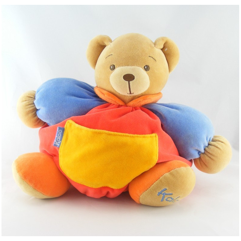 Doudou ours patapouf rouge jaune anniversaire patchwork Kaloo