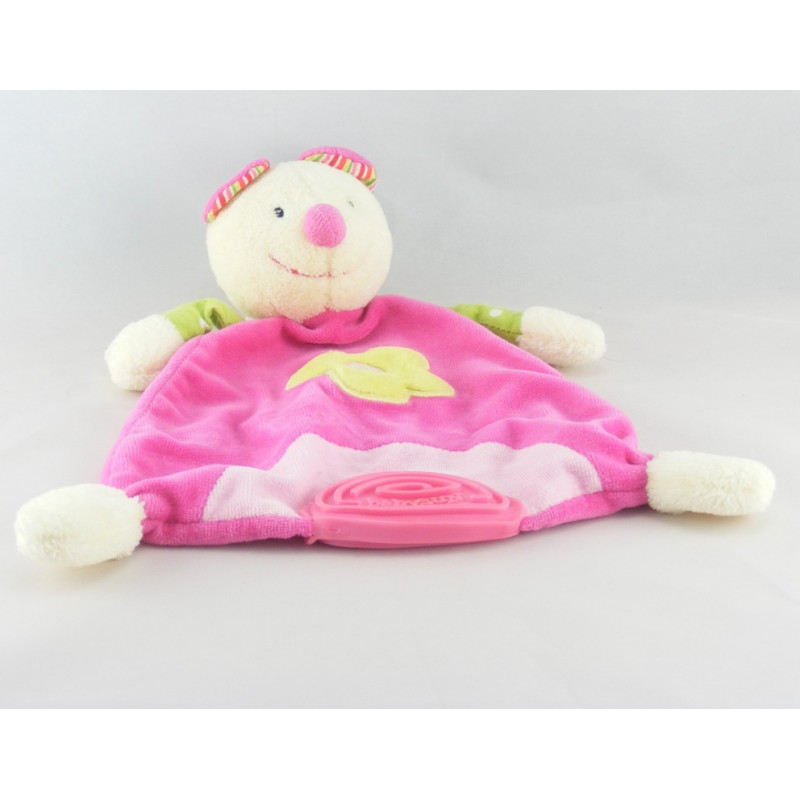 Doudou plat lapin rose multicolore dentition BABYSUN NEUF