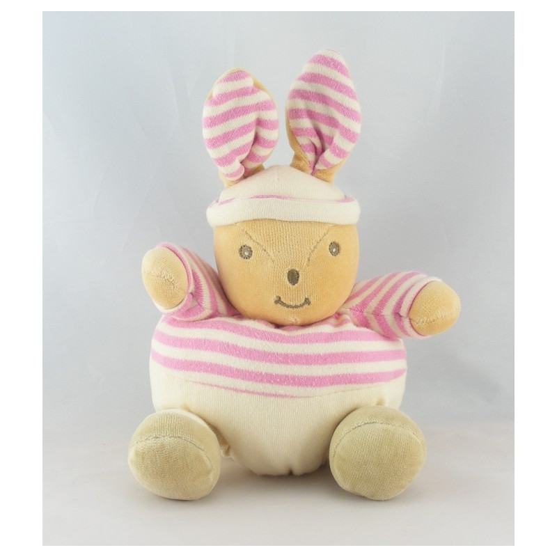 Doudou Lapin Takinou rayé rose avec chapeau