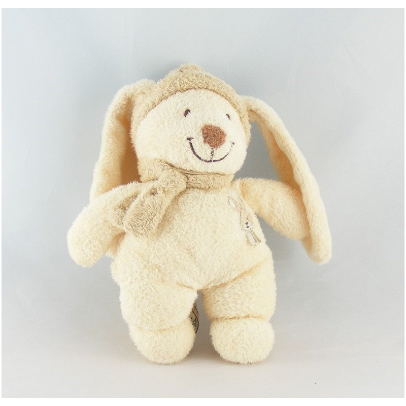 Doudou Lapin Beige bonnet et foulard écru NICOTOY