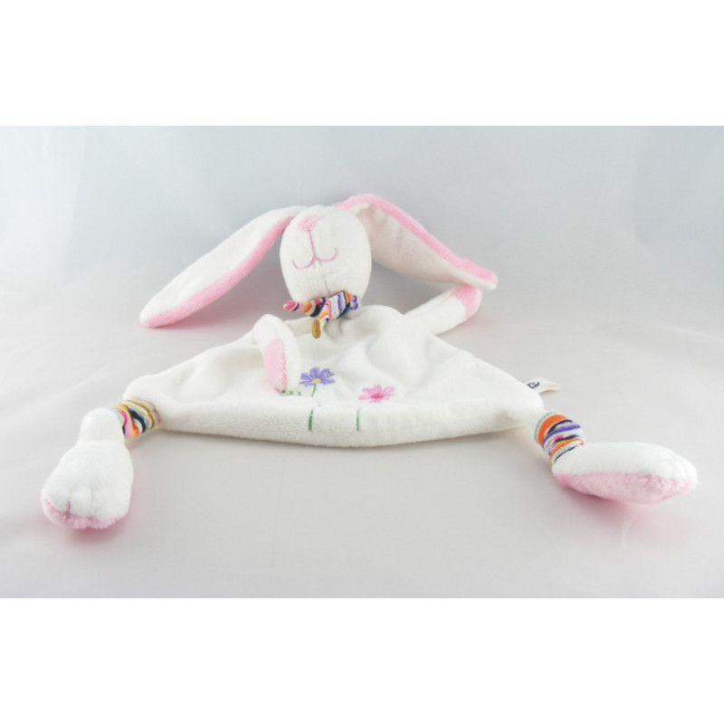 Doudou lapin blanc rose fleurs brodées BREMEL