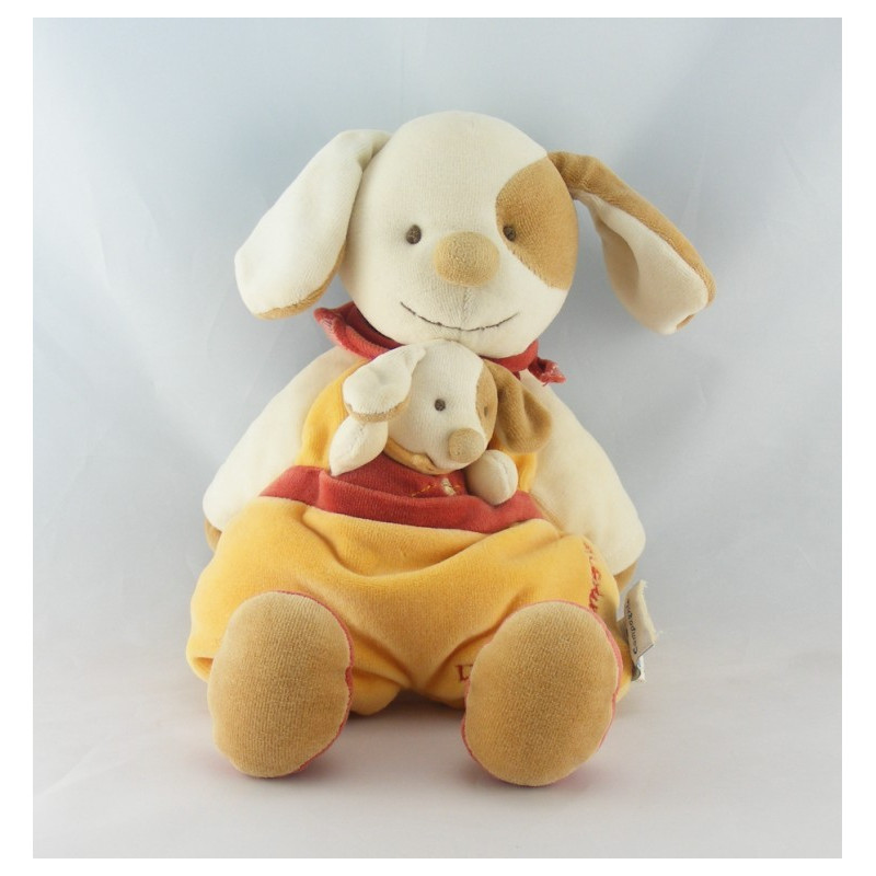 Doudou et compagnie semi plat Hugo chien jaune rouge avec bébé 