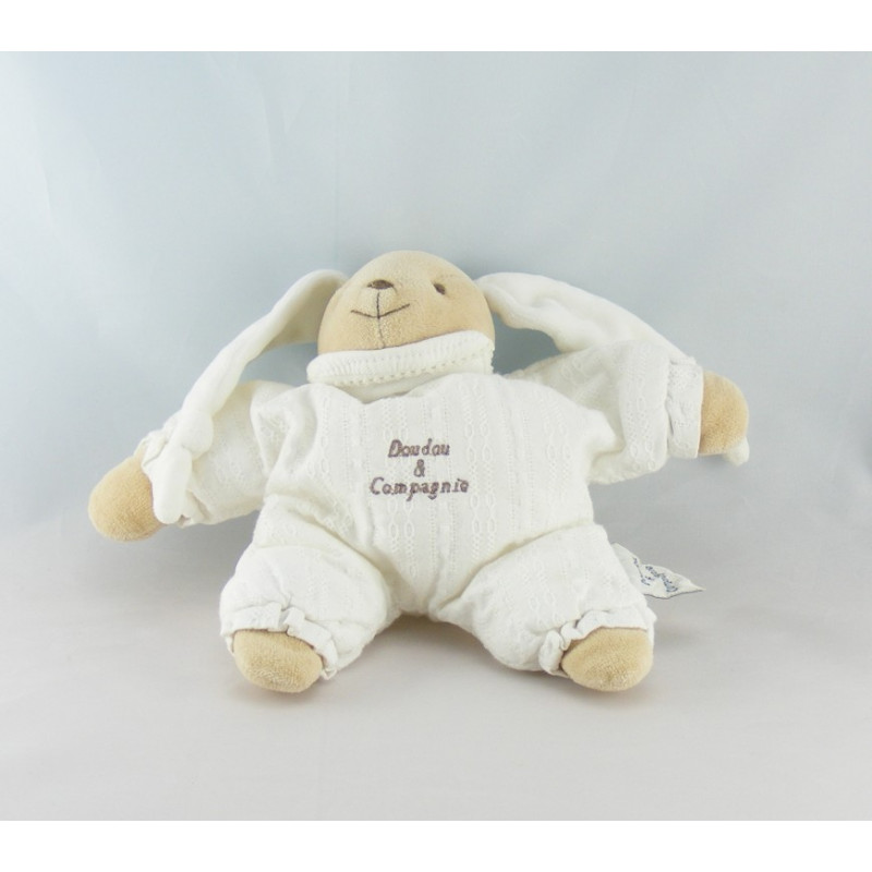 Doudou et compagnie semi plat lapin blanc Eliot avec bébé bleu