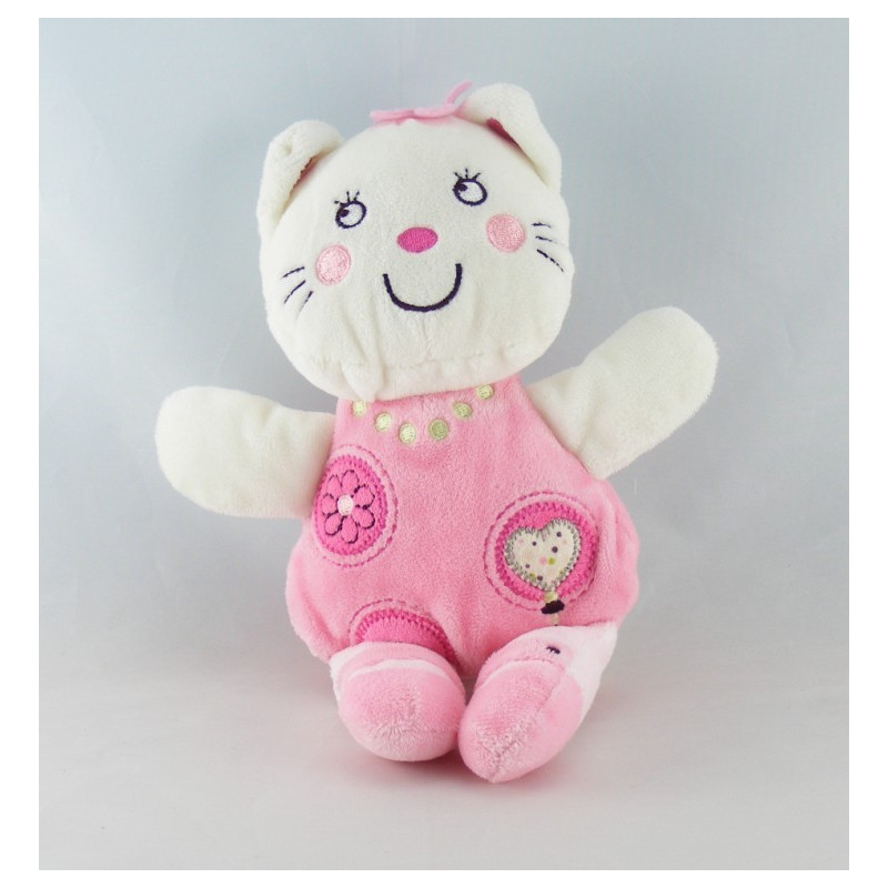 Doudou chat blanc fleurs rose coeur NICOTOY 