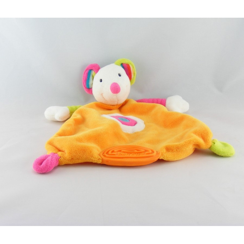 Doudou plat souris orange multicolore dentition BABYSUN NEUF