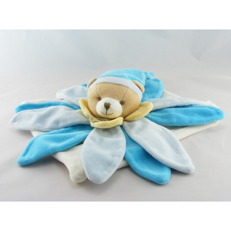 Doudou et compagnie collector ours plat fleur pétale bleu et blanc 
