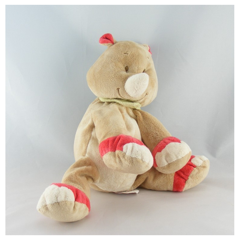 Doudou rhinocéros beige rouge foulard vert BENGY