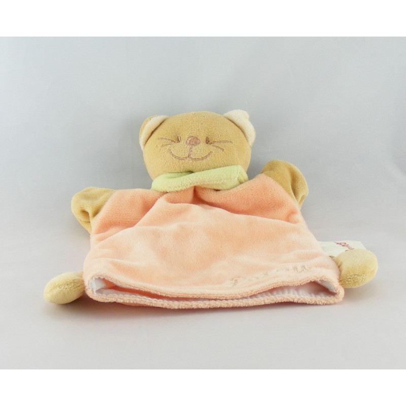 Doudou plat orange Chat Patou foulard vert Bengy