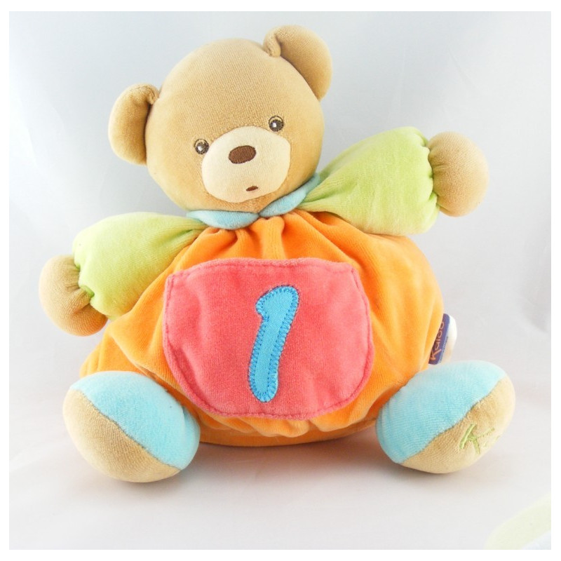 Doudou ours bleu vert orange col mauve 123 KALOO