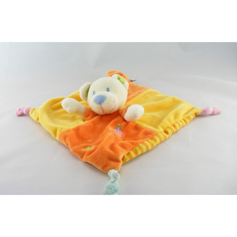 Doudou plat carré ours orange jaune MOTS D'ENFANTS