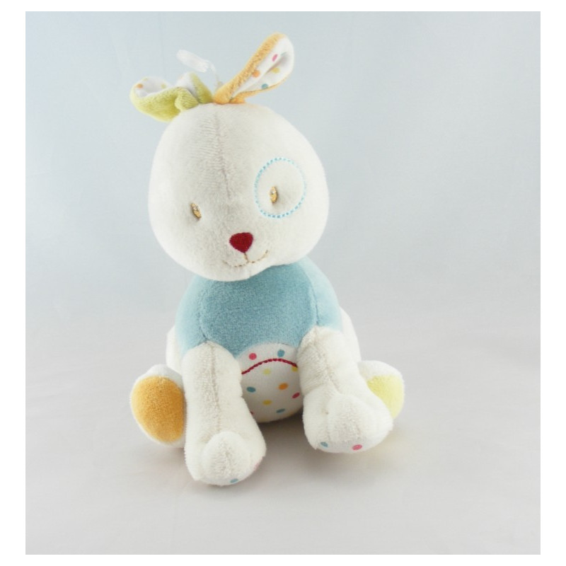 Doudou lapin bleu rayure couture rouge SUCRE D'ORGE