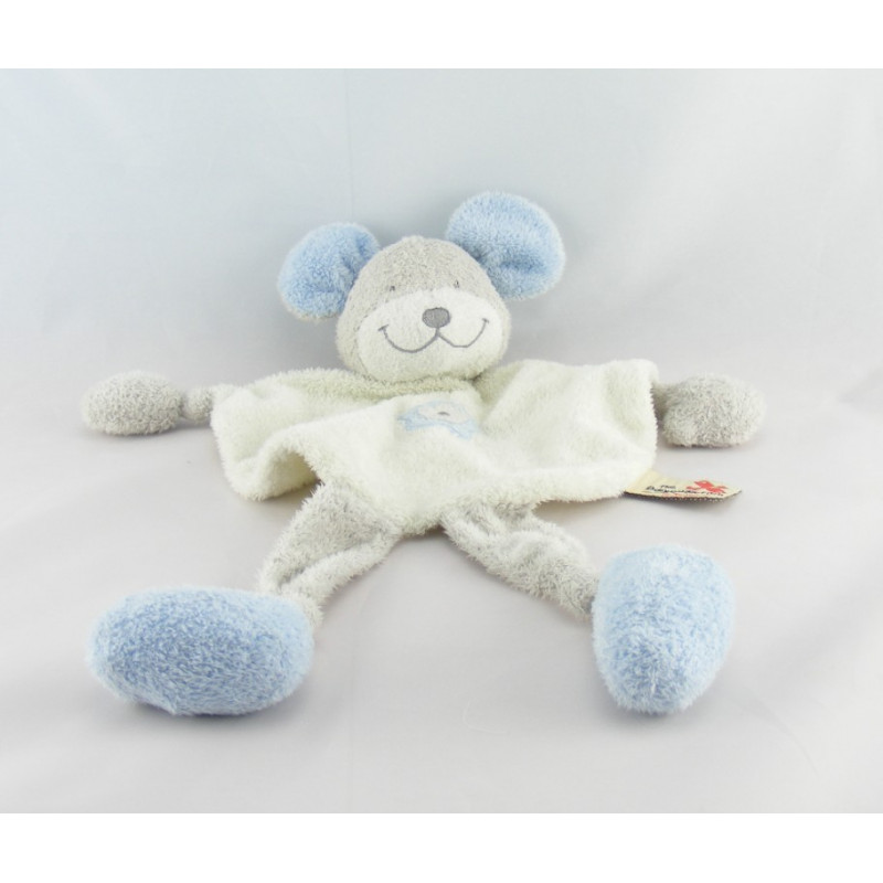 Doudou plat souris gris blanc rose fleur NICOTOY