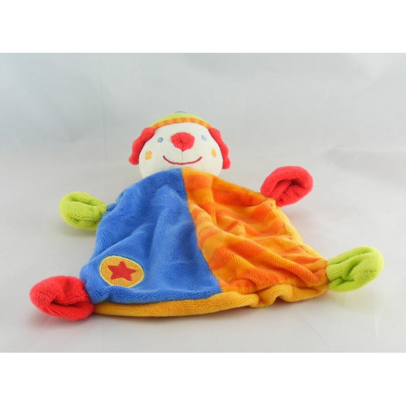 Doudou plat clown rouge orange bleu vert  BABY CLUB