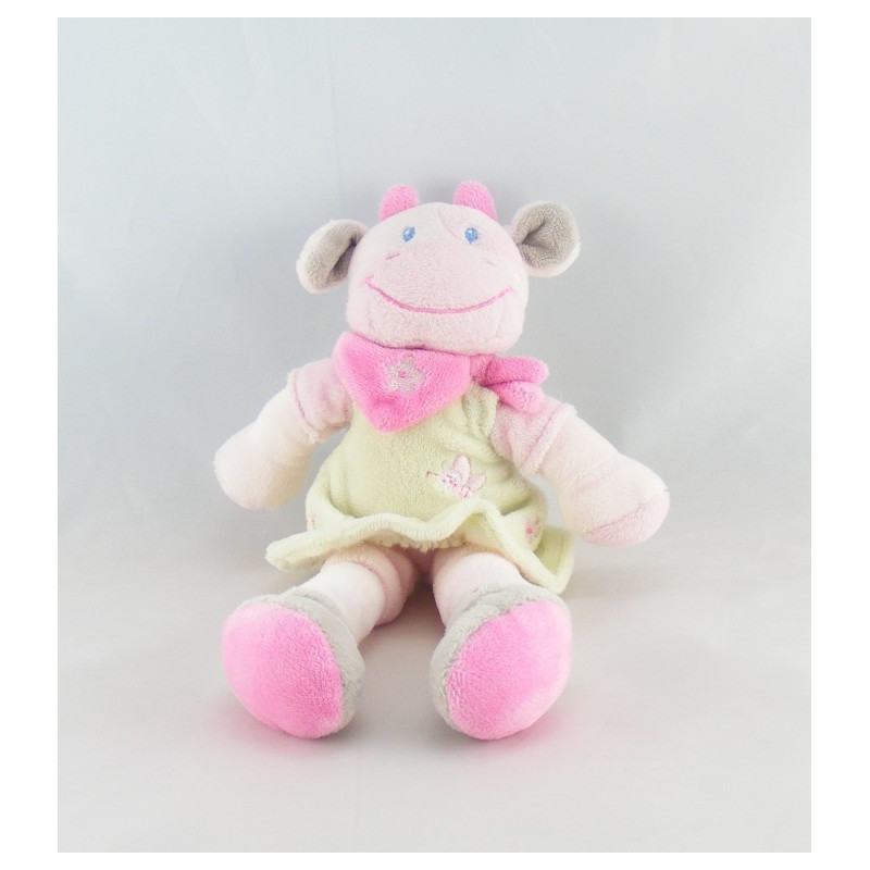 Doudou plat vache rose robe verte NICOTOY