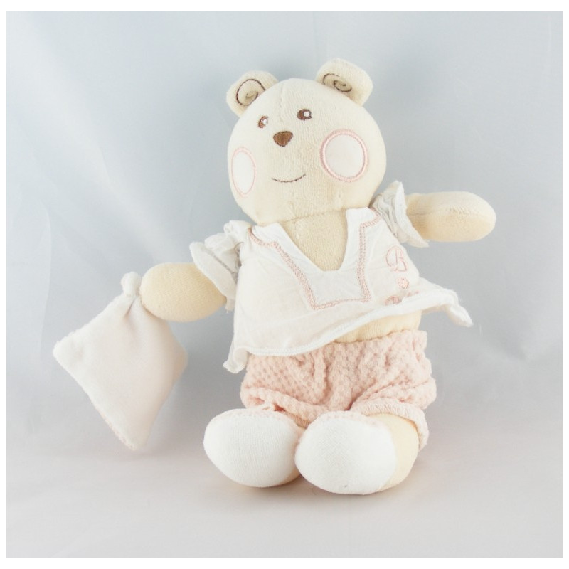 Doudou ours blanc rose mouchoir B coeur Bébé NOUNOURS