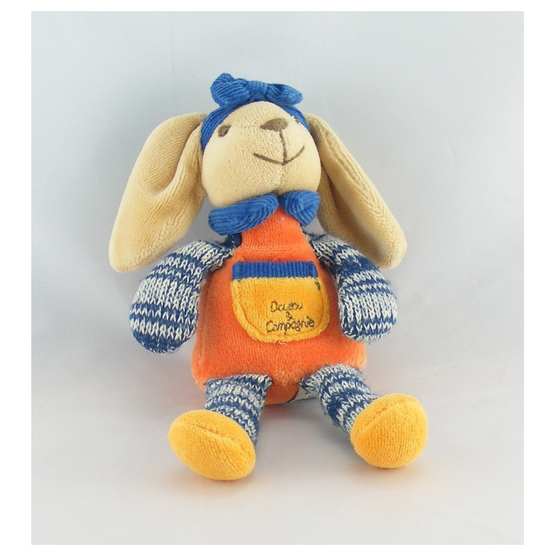 Doudou et compagnie lapin orange bleu laine noeud