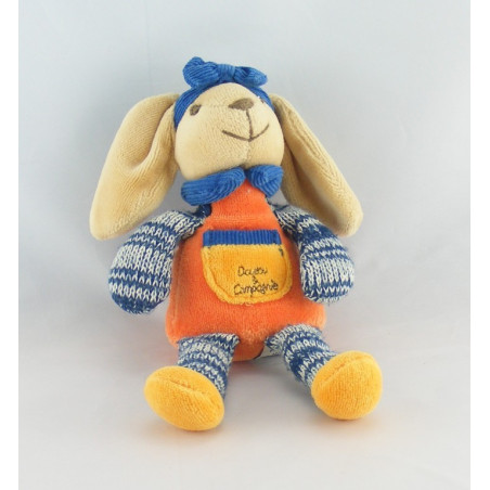 Doudou et compagnie lapin orange bleu laine noeud