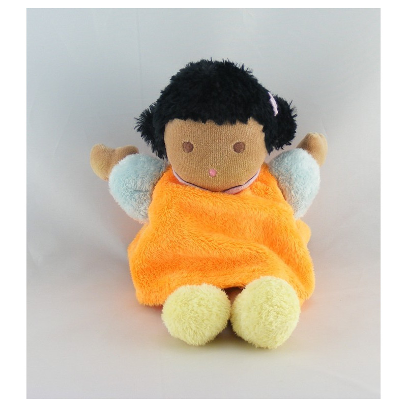 Doudou poupée fille métis robe bleu rose jaune NOUNOURS