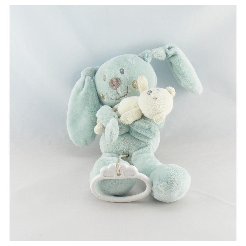 Doudou lapin bleu avec mouchoir ABC POMMETTE