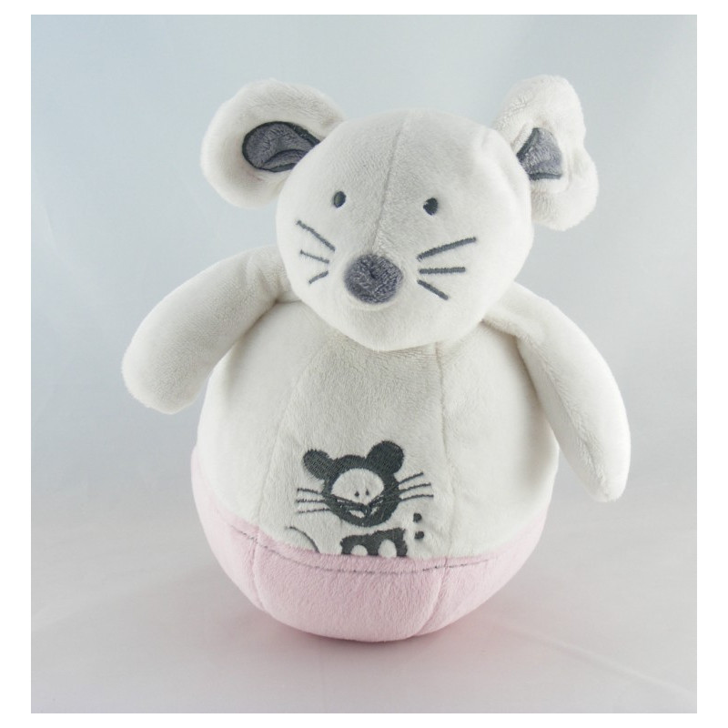 Doudou culbuto souris blanche rose OBAIBI 