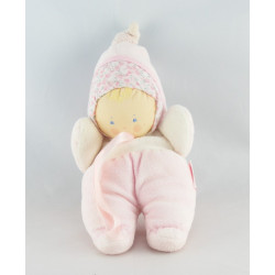 Doudou poupée chiffon bébé tendre rose fleurs rouge COROLLE 1993