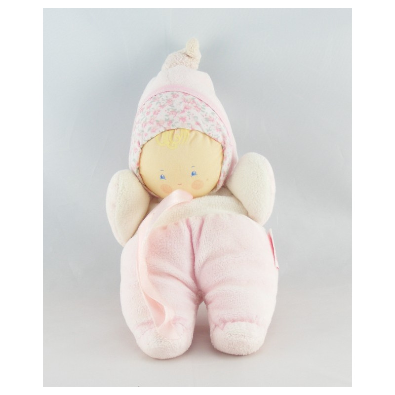 Doudou poupée chiffon bébé tendre rose fleurs rouge COROLLE 1993