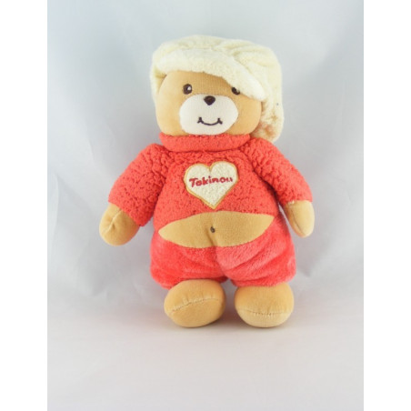Doudou ours pull blanc coeur avec casquette orange TAKINOU