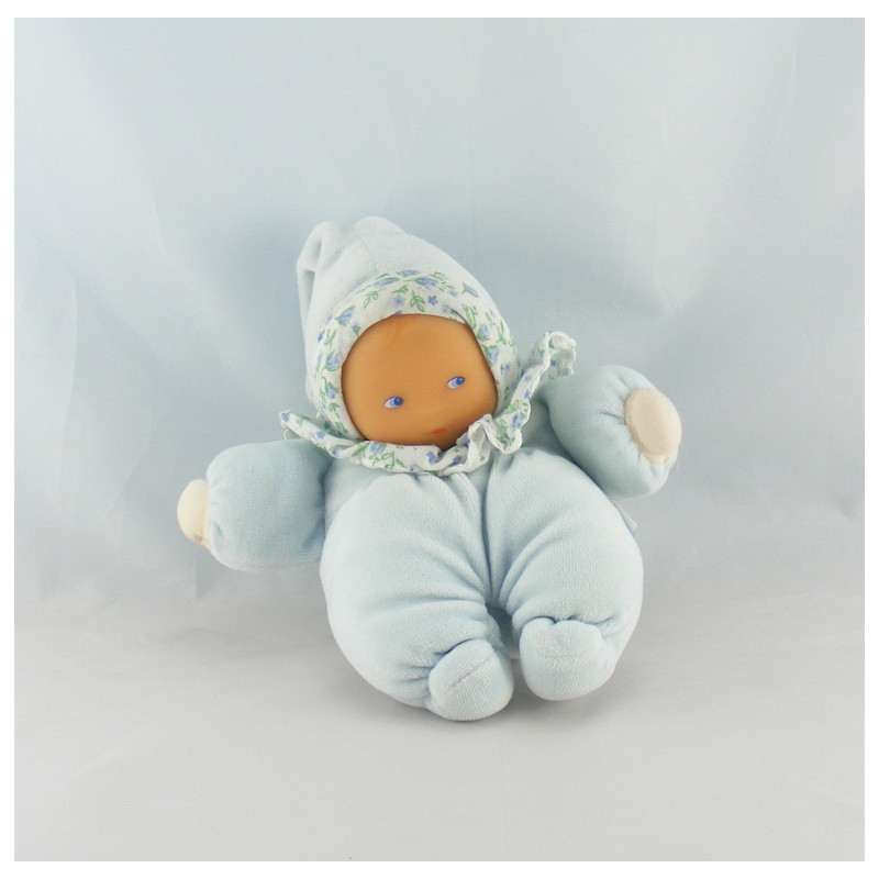Doudou bébé poupée bleu col fleurs COROLLE 2001