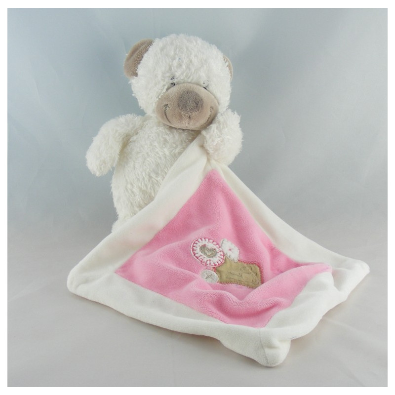 Doudou ours blanc avec doudou mouchoir rose NICOTOY