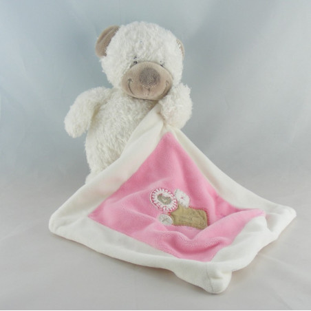Doudou ours blanc avec doudou mouchoir rose NICOTOY