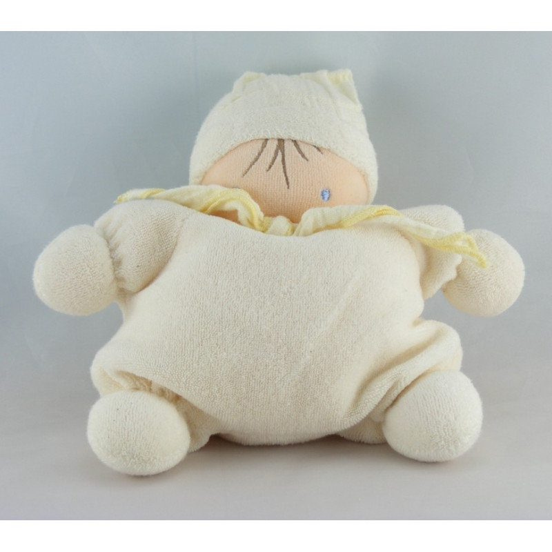 Doudou semi plat lutin blanc éponge bonnet bleu NOUNOURS