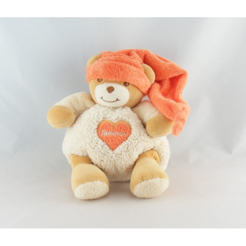 Doudou ours blanc coeur casquette orange TAKINOU