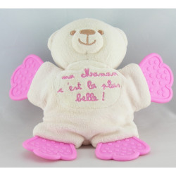 Doudou plat hochet lapin blanc beige KIMBALOO