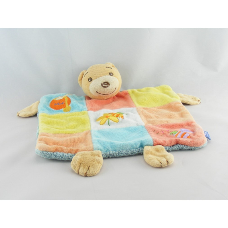 Doudou plat ours patchwork multicolore miel abeille KALOO