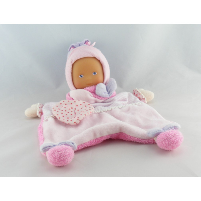 Doudou plat poupée baby Corolle rose blanc 