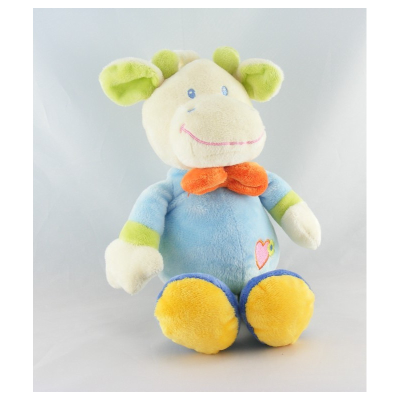 Doudou plat girafe vache bleu fleur coeur SIDJ