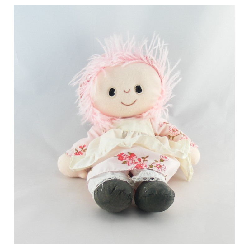 Ancienne poupée chiffon COROLLE blanc rose col fleur 