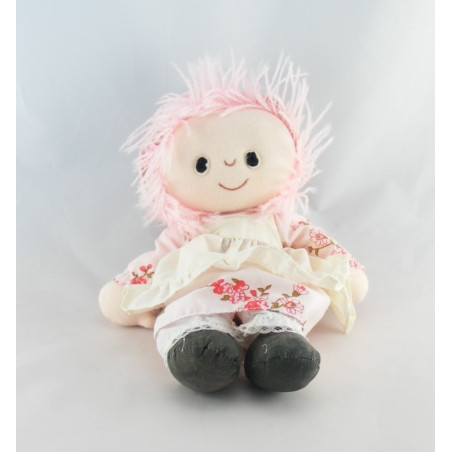 Ancienne poupée chiffon COROLLE blanc rose col fleur 